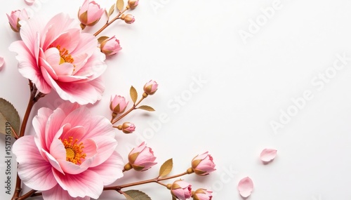 Pastel pink florals on white background with golden accents, floral art, vintage toile, garden party