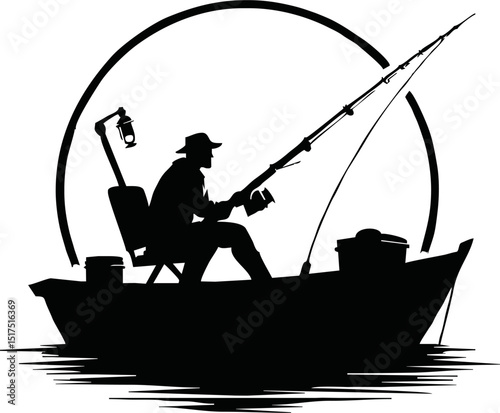 Fishing boat icon with fisherman for hobby, lifestyle or recreation