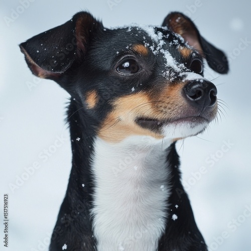 Adorable small black and tan dog with snowy fur on face looking upwards in a winter outdoor setting with snowflakes in background