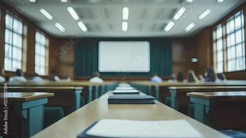 Empty lecture hall with rows of desks and a blank screen. photo