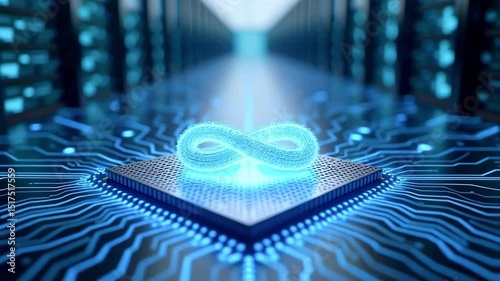 Futuristic digital infinity symbol on a microchip in a high-tech server room with glowing circuits