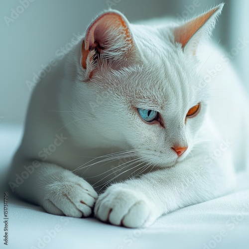 Close-up of a white cat with heterochromatic eyes resting peacefully on soft surface with natural light, showing detailed fur texture and calm expression