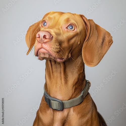 Close-up portrait of a brown dog with blue eyes and floppy ears wea a collar against a plain gray background, showcasing detailed features and expressive gaze