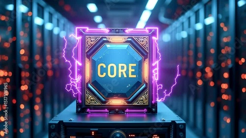 Futuristic core technology displayed in a high-tech server room with glowing lights and intricate details