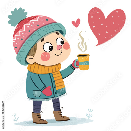 Winter Kid Drinking Hot Chocolate – Cute Cartoon Illustration
