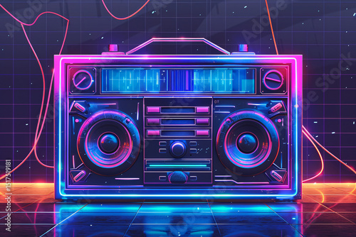 Retro neon boombox illustration with glowing pink and blue lights, futuristic synthwave style on digital grid background
