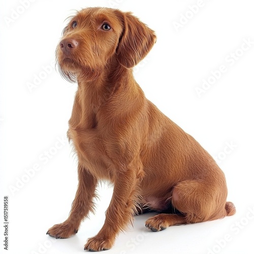 Adorable young dog with golden brown fur and expressive eyes sitting on white background, adorable pet, friendly animal, cute canine, sitting dog, studio shot, animal portrait,