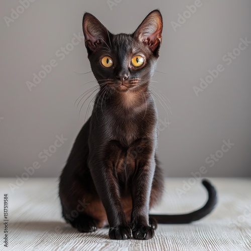 Elegant sleek black domestic short hair cat with yellow eyes sitting on light wooden surface with neutral background for pet photography and animal portraiture