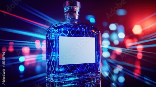 A captivating blue liquor bottle radiates under neon lights celebrating nightlife glamour and