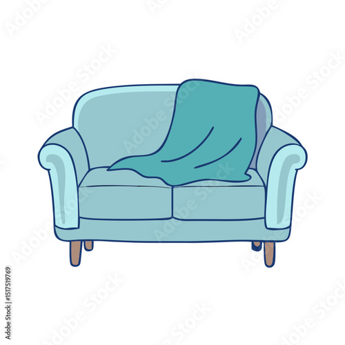 Comfortable light blue couch with a teal blanket in a dark room
