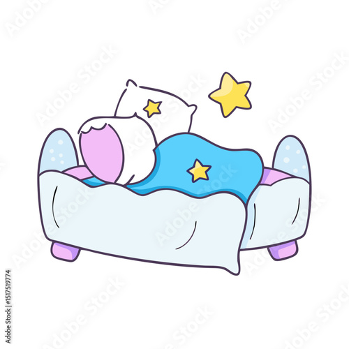 Cute cartoon character sleeping soundly in a dreamy bed with stars