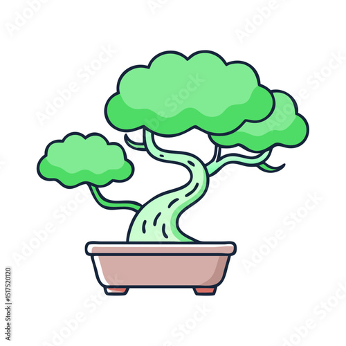 A cartoon bonsai tree with green leaves in a brown pot on white