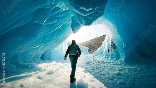 Journey Through the Glacier Cave: A lone figure embarks on an awe-inspiring journey through an ice cave, revealing a mesmerizing symphony of blue hues in a cold landscape.