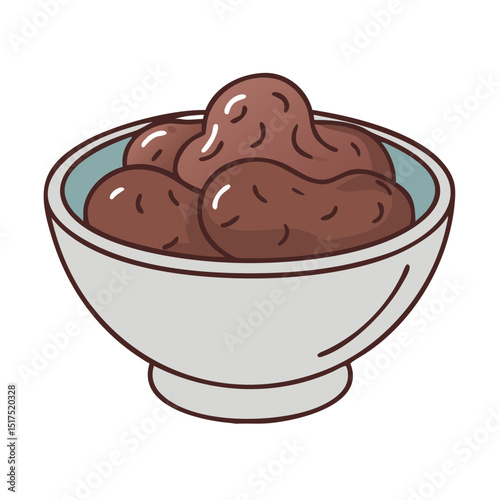 A bowl of cartoonish brown food against a black background illustration