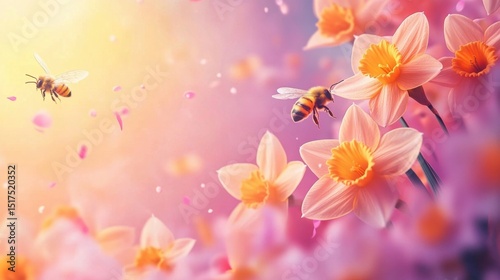 Blossoming Flowers with Bees in Colorful Soft Focus Background