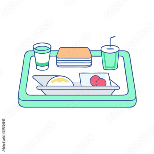Illustrated light blue cafeteria tray containing sandwich, dessert, and beverages