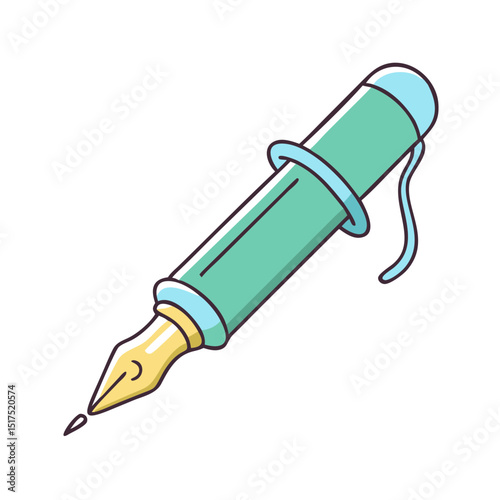 Illustration of a vintage green and yellow fountain pen on white backdrop