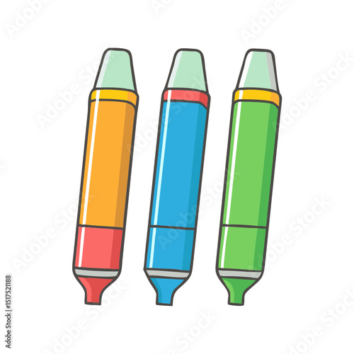 Three vibrant crayons in orange, blue, and green, perfect for children's art