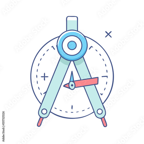Cartoon illustration of a compass with various symbols and dashed circle