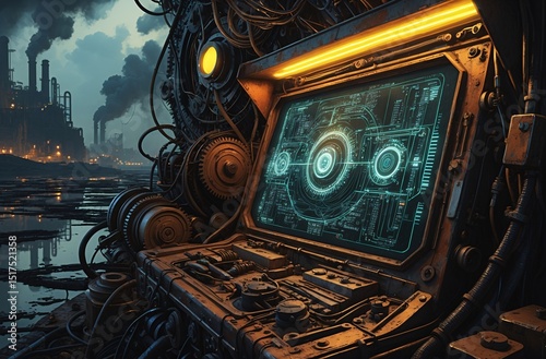 futuristic industrial control panel in a post-apocalyptic environment