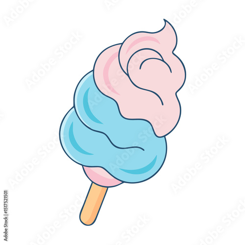 Cartoon Cotton Candy on a Stick with Pink and Blue Swirls Design