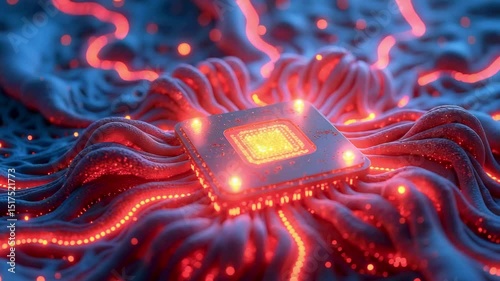 Abstract representation of a glowing microprocessor surrounded by vibrant, flowing digital tendrils