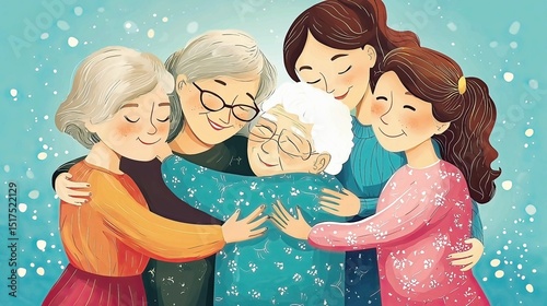 Multigenerational family embrace - warm, illustrated portrait of four women lovingly surrounding elderly matriarch. a celebration of family bonds and generational love.