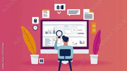 Analyzing digital data, using a magnifying glass, on a vibrant online dashboard interface