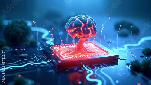 A surreal depiction of a glowing tree emerging from a computer chip, symbolizing technology and nature