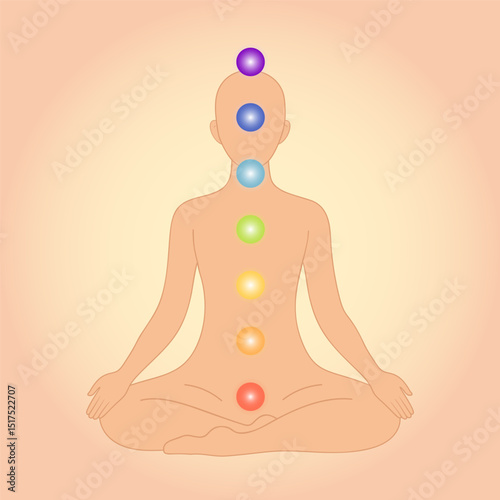 Human silhouette with glowing seven chakras on soft gradient background. Vector illustration
