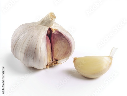 Whole garlic bulb and single garlic clove on white background
