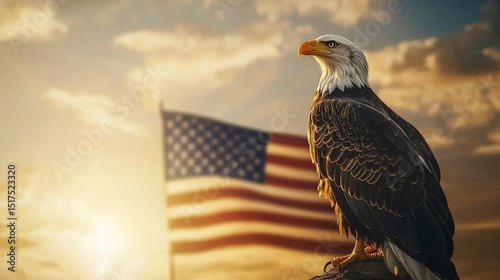 Majestic bald eagle at sunset with american flag: ai-generated patriotism