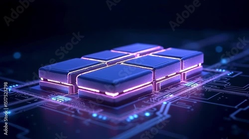 Futuristic digital circuit with glowing microchips, showcasing technology in a high-tech environment