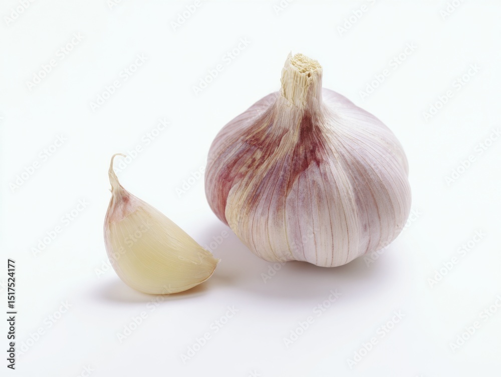 Obraz premium Whole garlic bulb and single garlic clove on white background 