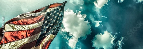 Majestic american flag soaring against a teal sky - patriotism, freedom, and national pride. digital art celebrating american spirit, 4th of july, and national holidays.
