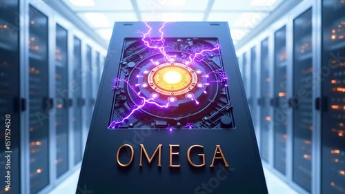 Futuristic data center with a glowing core and electric energy, showcasing advanced technology