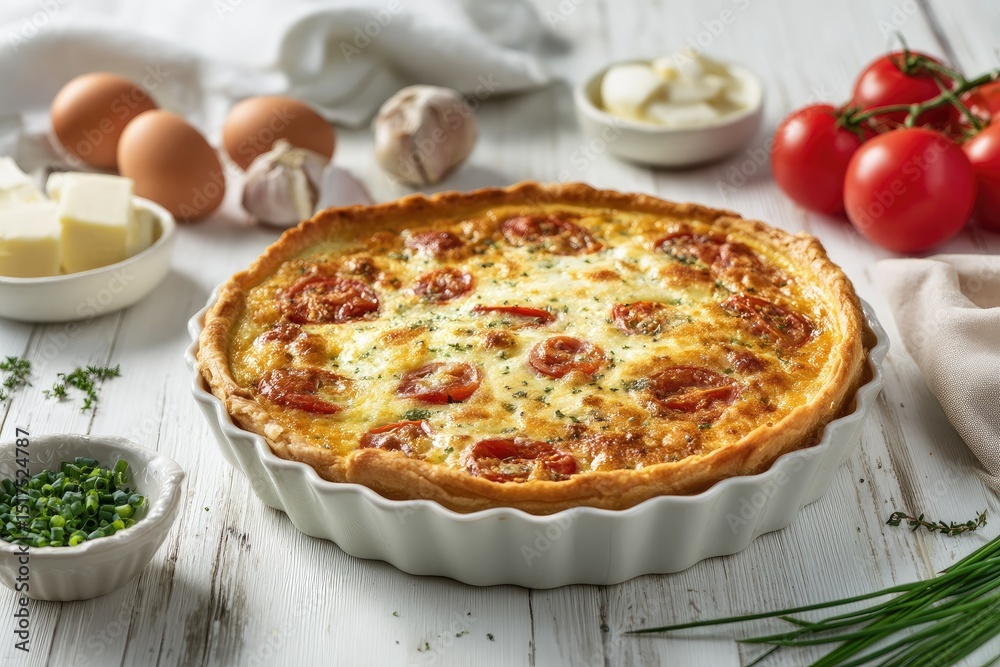 A golden-brown quiche, filled with halved tomatoes and cheese, sits in a white ceramic dish on a white wooden surface, surrounded by fresh ingredients like eggs, garlic, butter, and herbs A golden-brown quiche, filled with halved tomatoes and cheese, sits in a white ceramic dish on a white wooden surface, surrounded by fresh ingredients like eggs, garlic, butter, and herbs