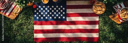 Ai-generated: patriotic picnic on grass - american flag blanket, treats & drinks