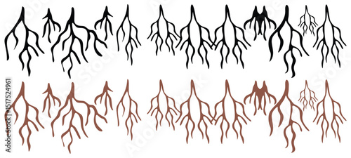 Tree roots silhouettes set. Wood growth, plant system, eco pattern, natural organic shapes. Bare underground forest branches. Botany elements. Flat vector illustration isolated on white background