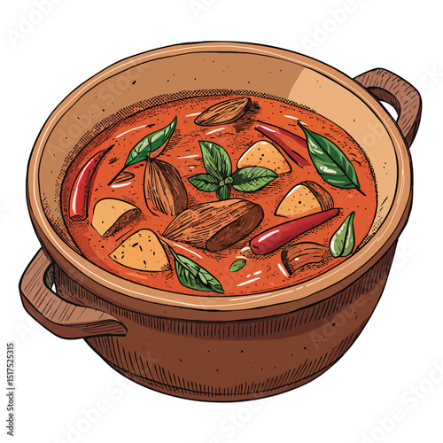 A rustic clay pot brimming with aromatic Thai red curry, featuring tender duck pieces, isolated on a white background.  Show rich colors and textures.