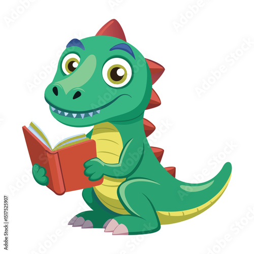 Adorable cartoon dinosaur reading a book enjoying learning and education on white background