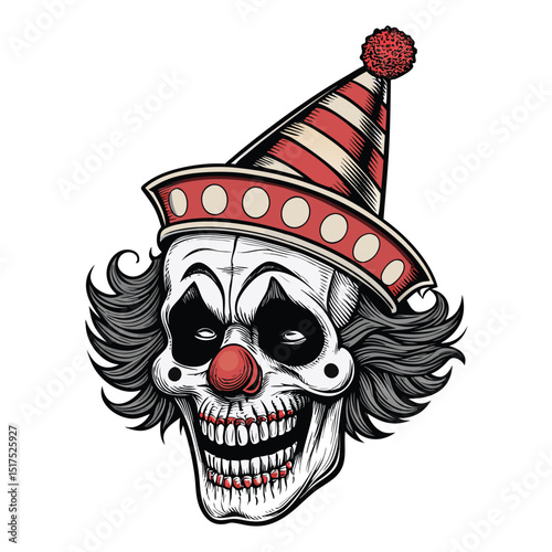 A detailed illustration of a clown skull wearing a brightly colored circus top hat, isolated on a pure white background.  High-resolution, realistic style.