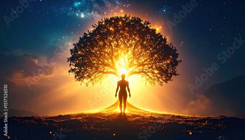 Glowing Tree of Life with Human Silhouette, inner growth light, inner growth energy, inner growth soul awakening, spiritual awakening under cosmic alignment, energy growth from soul to nature  