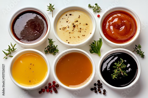 Wallpaper Mural An assortment of six sauces in white bowls, garnished with herbs and spices. Torontodigital.ca