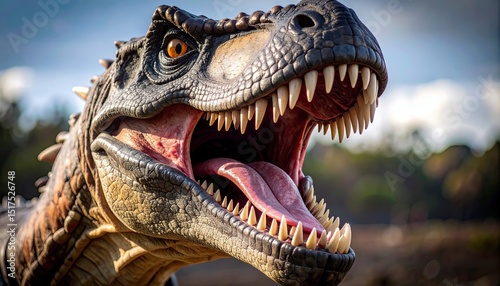 Detailed Close-up of Realistic Dinosaur Mouth with Tongue, realistic dinosaur roar, science illustration, prehistoric wildlife, realistic dinosaur roaring with sharp teeth in prehistoric jungle  