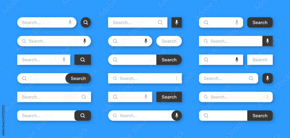 Various search bar templates. Internet browser engine with search box, address bar and text field. UI design, website interface element with web icons and push button. Vector illustration