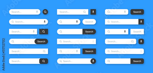 Various search bar templates. Internet browser engine with search box, address bar and text field. UI design, website interface element with web icons and push button. Vector illustration