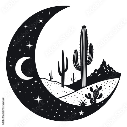 A crescent moon, dark and stark against a night sky, completely filled with a repeating silhouette pattern of desert cacti and dunes.