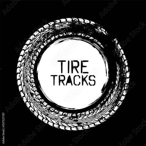 Grunge circle tire track, wheel braking mark. Truck, car or motorcycle tread pattern silhouettes. Auto race, motorsport, speed racing design element. Vector illustration