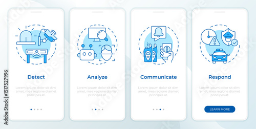 Physical security ecosystem blue onboarding mobile app screen. Protection. Walkthrough 4 steps editable graphic instructions with linear concepts. UI, UX, GUI. Montserrat SemiBold, Regular fonts used